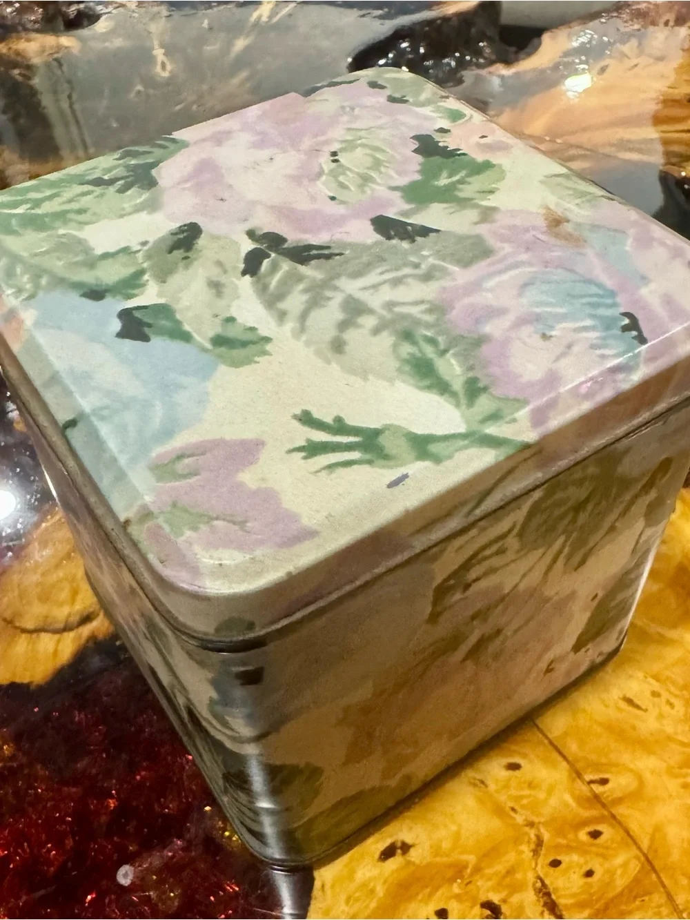 Floral Pattern Decorative Storage Tin - Pink & Green Vintage